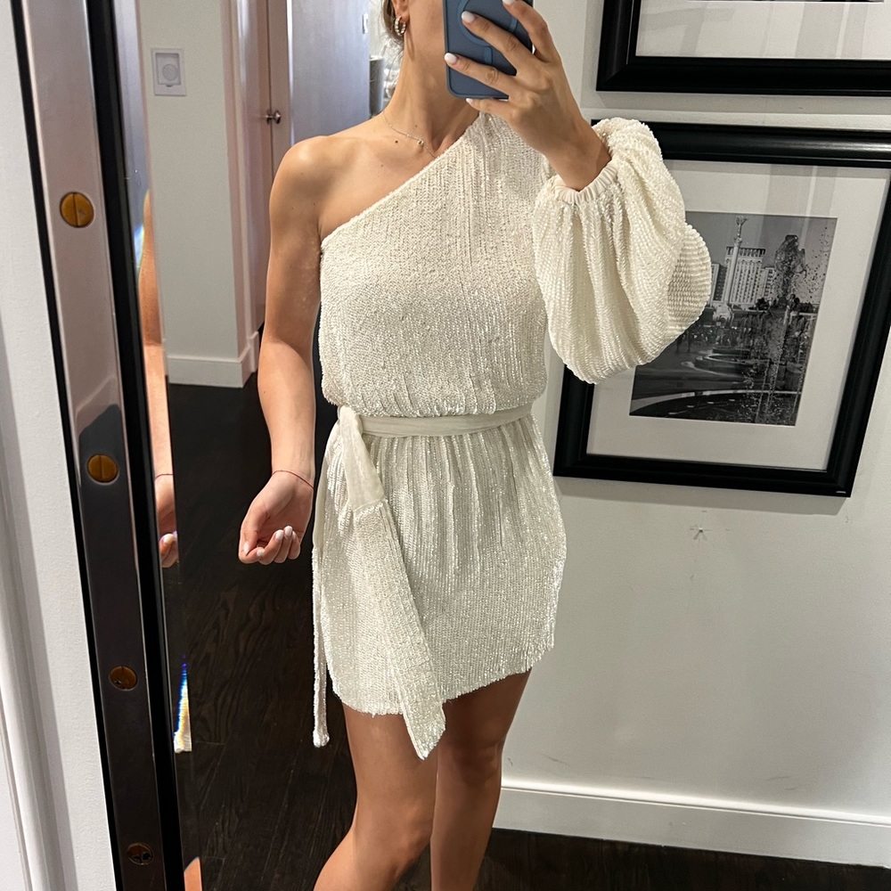 Retrofete One Shoulder Sequin Dress. White
